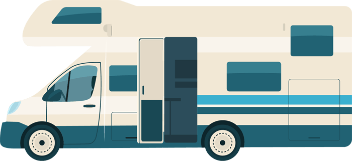 Illustration of a blue-and-teal recreational vehicle (RV) motorhome with side door open and multiple windows